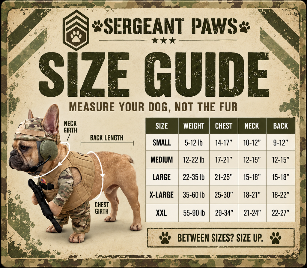 Sergeant Paws size guide — measure your dog, not the fur