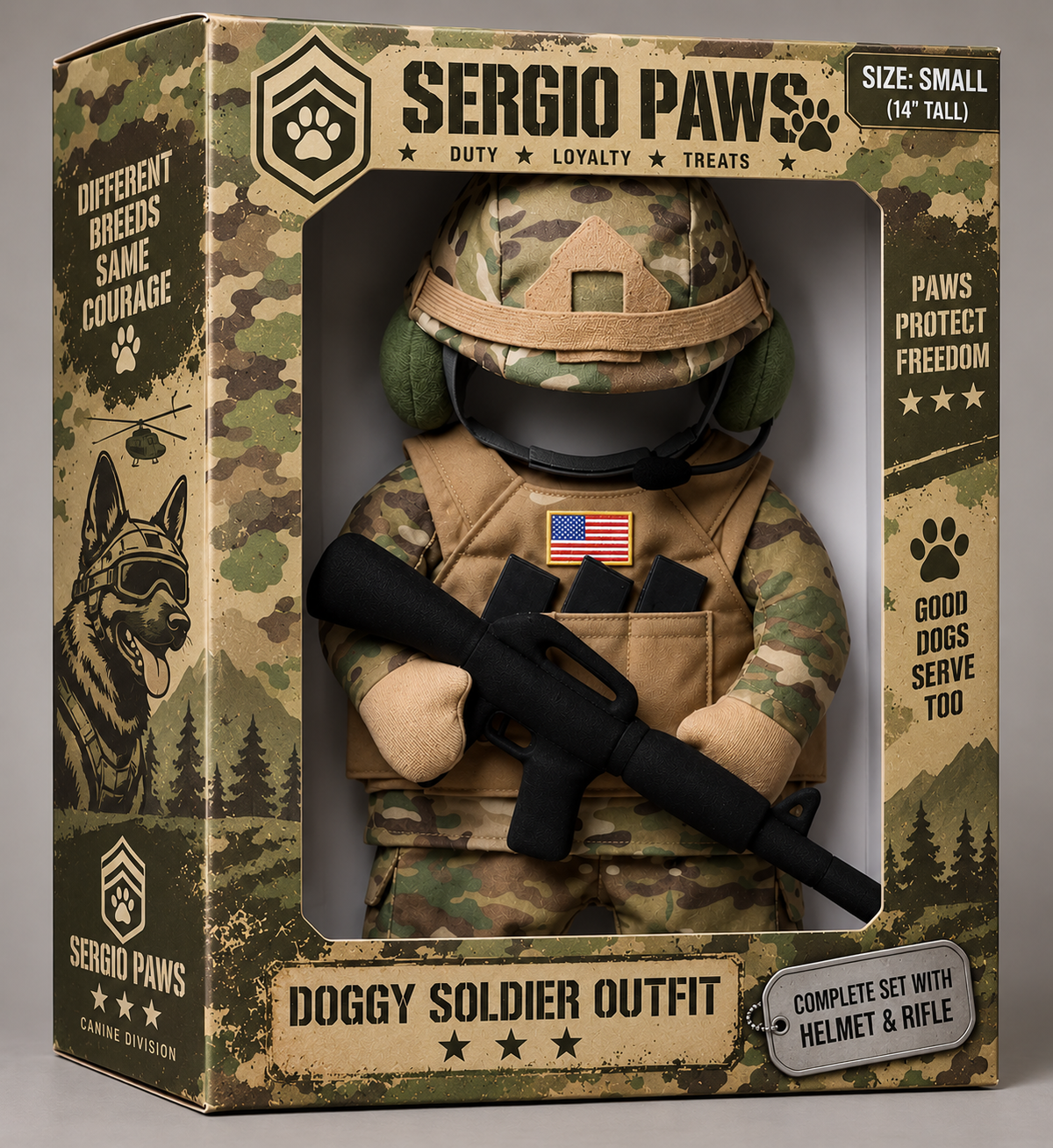 Sergeant Paws dog soldier costume in retail box — camo vest, helmet and plush rifle