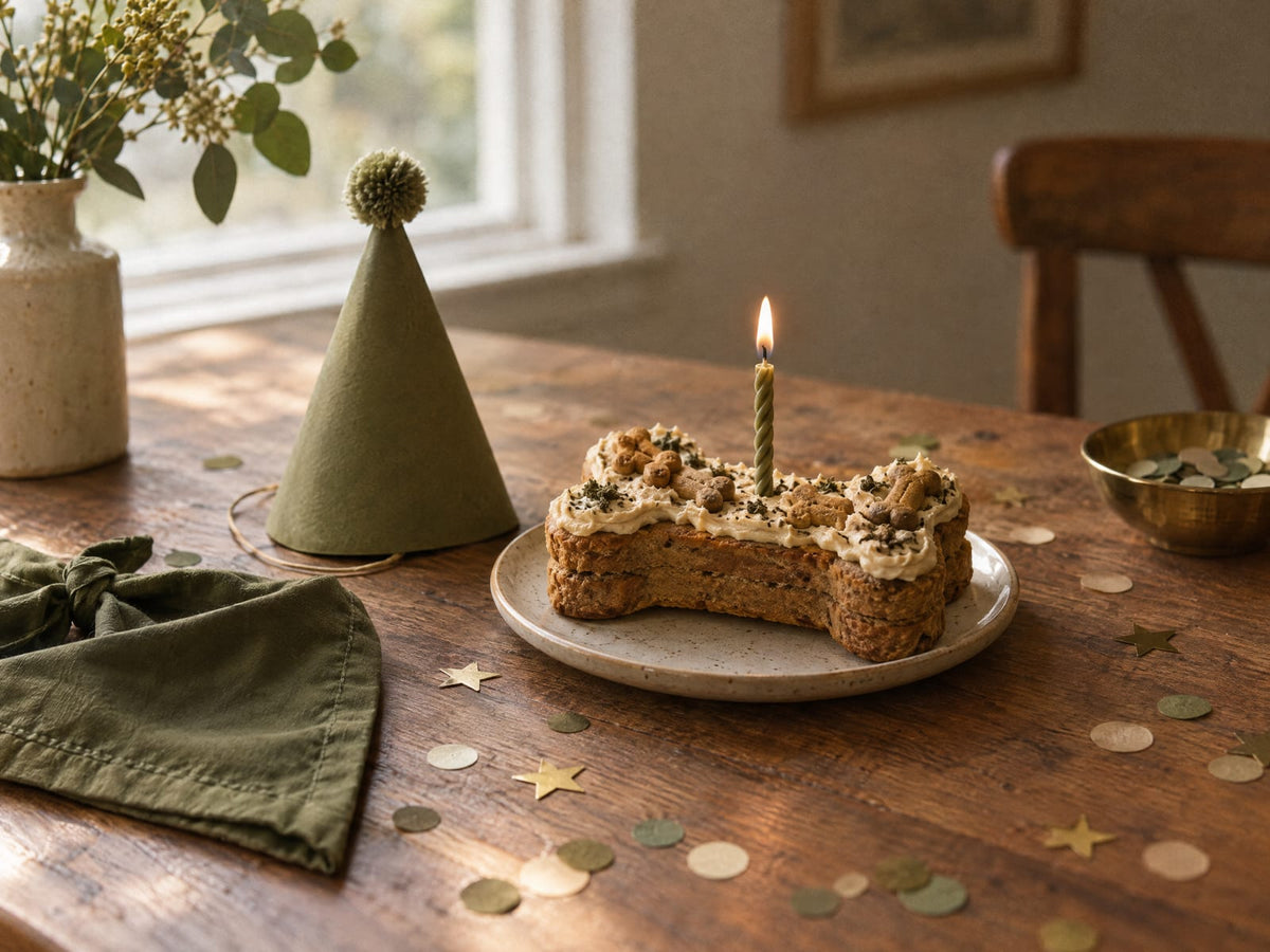 Bone-shaped dog birthday cake with a candle and an olive party hat