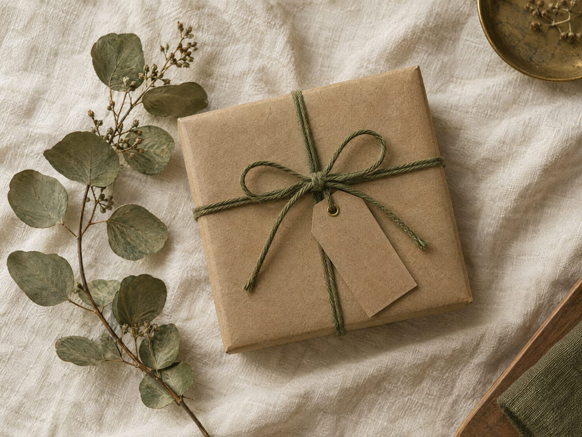 Gift box wrapped in kraft paper and olive twine on cream linen