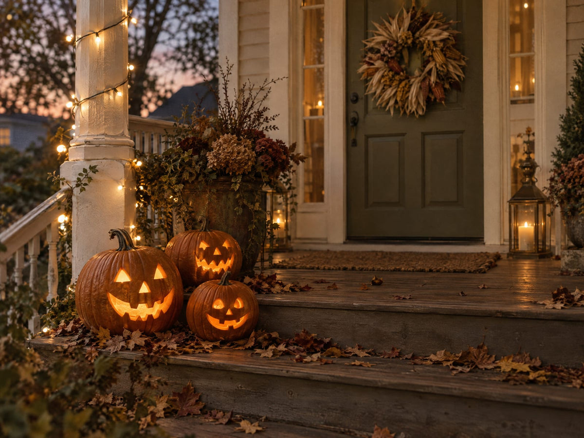 Carved pumpkins glowing on a front porch at dusk