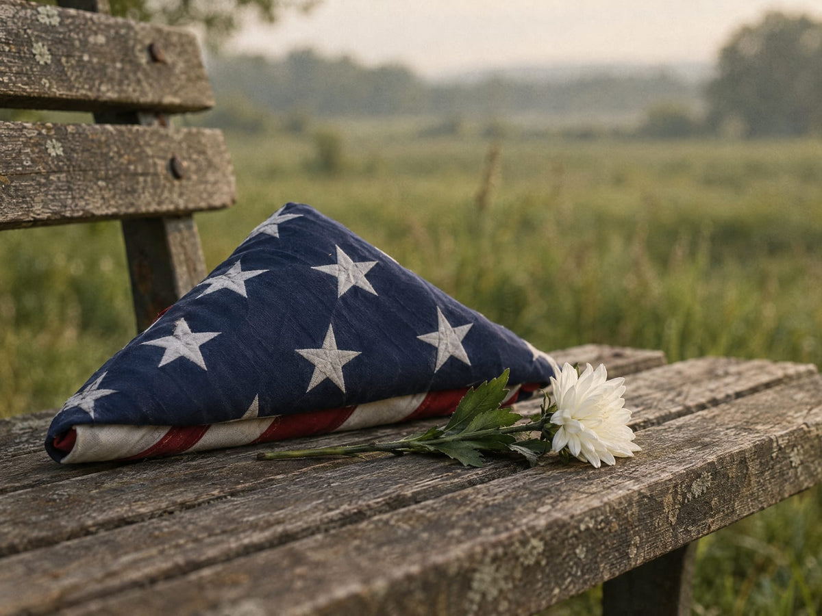 Folded American flag and a white flower on a weathered bench